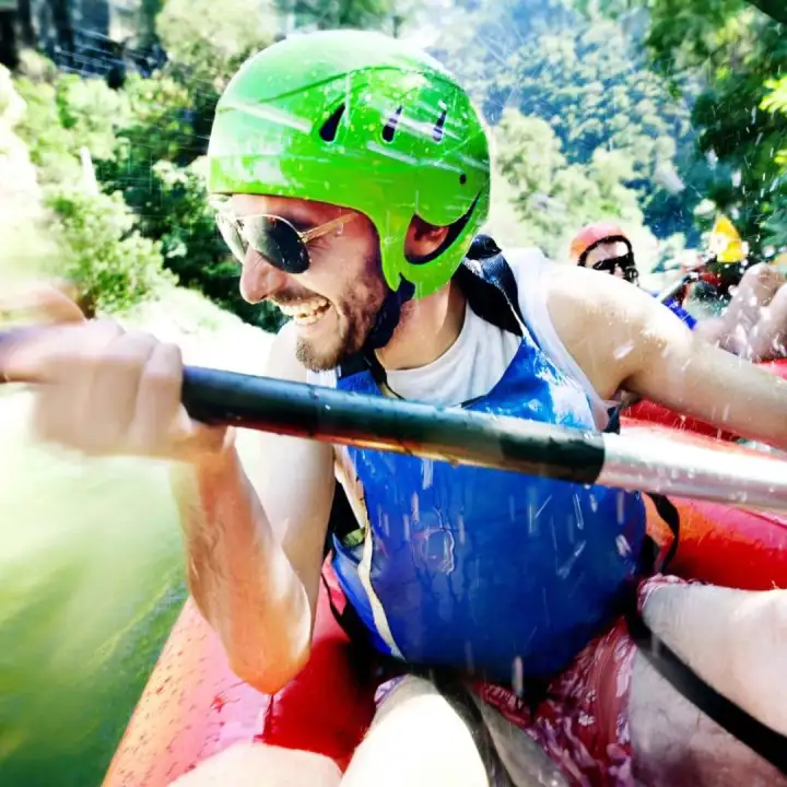 Rafting on a river.