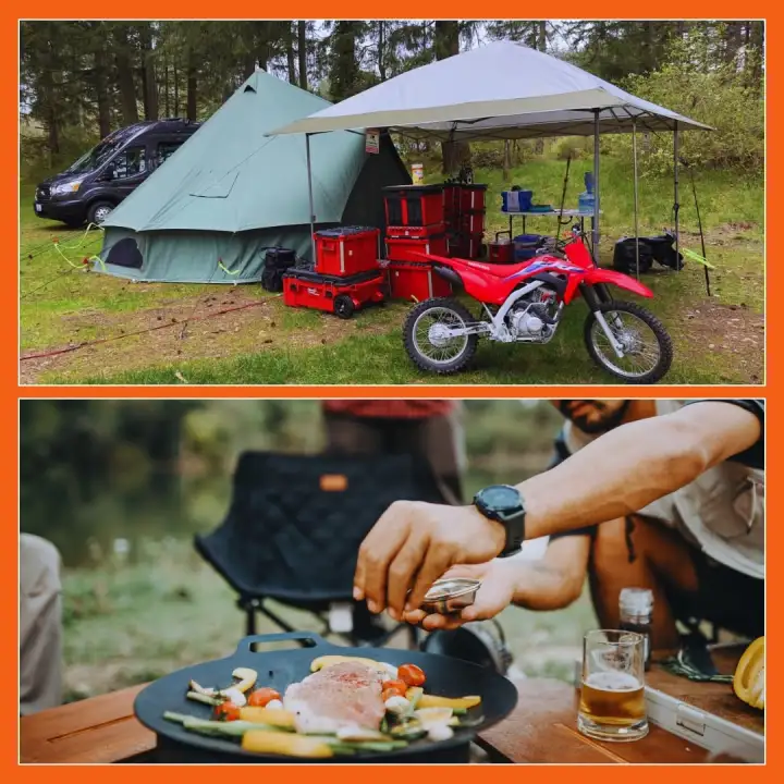 Camp beside the van, and a meal being prepared outdoors.